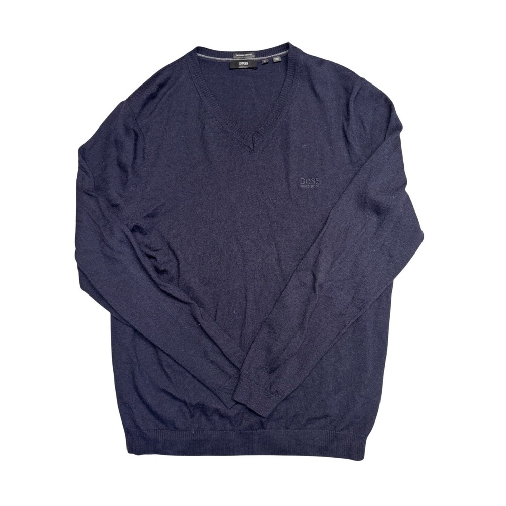 Hugo Boss Mens Extrafine Merino Wool V-Neck Sweater Navy Blue XL